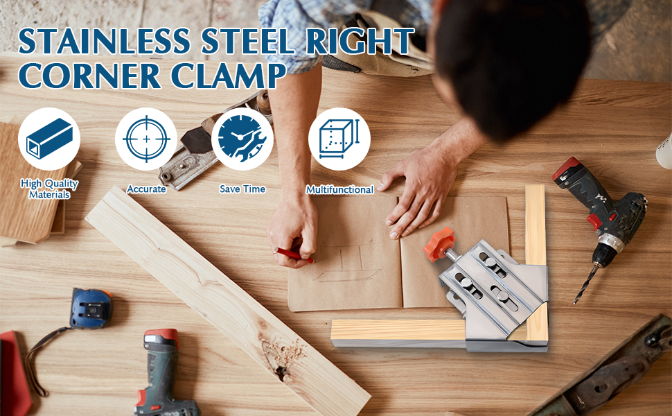Per la lavorazione del legno, illustrato con vari strumenti su una superficie di legno. Include materiali di alta qualità, precisione e icone di utilizzo multifunzionali.