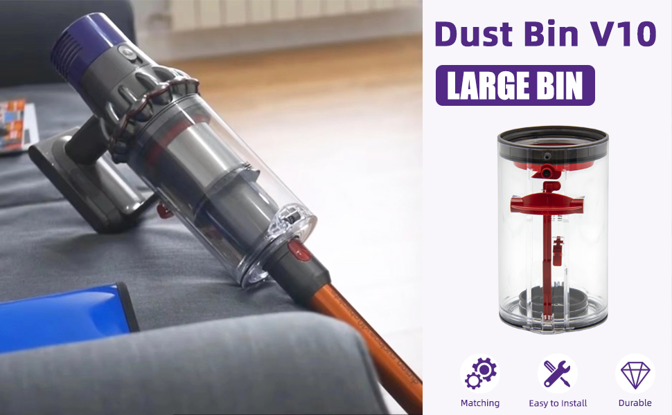 Le texte indique « Dust Bin V10 » et « LARGE BIN ». Images du produit montrant un aspirateur à main avec bac de collecte de poussière sous plusieurs angles.