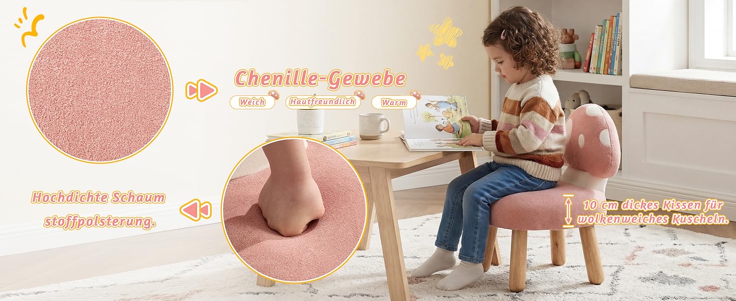 Der Text lautet „Chenille-Beauce“ mit einem stilisierten rosafarbenen runden Teppich oder einer Matte, die in mehreren Einstellungen zu sehen ist und deren Verwendung in Wohnräumen mit weicher, plüschiger Textur demonstriert.