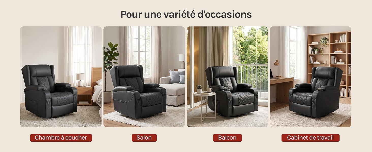 Le texte se lit comme suit : « Pour une variété d'occasions ». Quatre scènes intérieures montrant des fauteuils et des fauteuils inclinables noirs dans différents espaces de vie avec un décor neutre et un éclairage naturel.