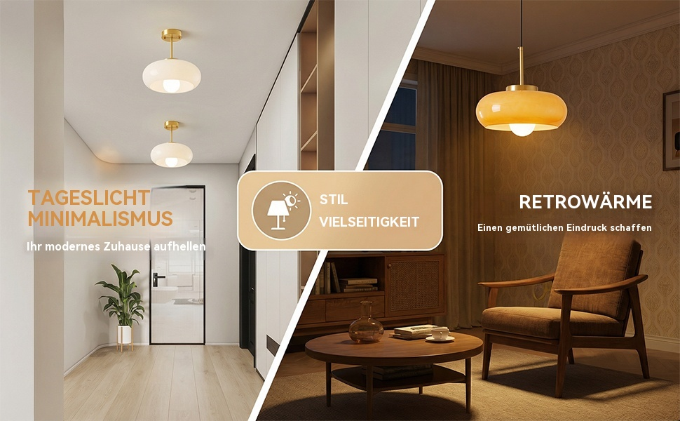 Der Text lautet „TAGESLICHT MINIMALISMUS RETROWÄRME“. Innenarchitekturbilder, die minimalistische Möbel und Beleuchtung in warmen, natürlichen Tönen zeigen.