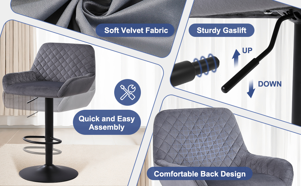 Gray quilted bar stool product features diagram showing soft velvet fabric, sturdy gas lift mechanism, quick assembly, and comfortable backrest design.