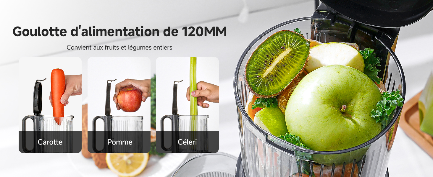 Le texte indique « Goulotte d'alimentation de 120 MM ». Démonstration de transformation des aliments montrant des fruits et des légumes insérés dans le tube d'alimentation de la machine.