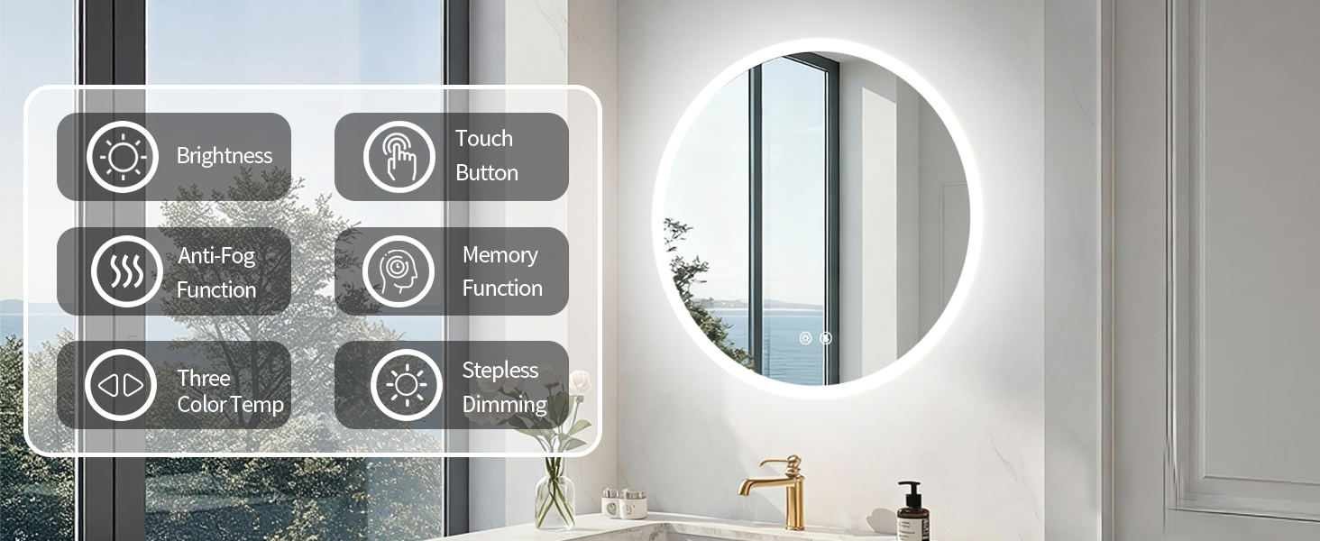 Interfaccia dal design interno moderno e minimalista che mostra icone di menu circolari con funzioni come «Room Motion» e «Touch Screen» su uno sfondo bianco brillante della stanza con ampie finestre.