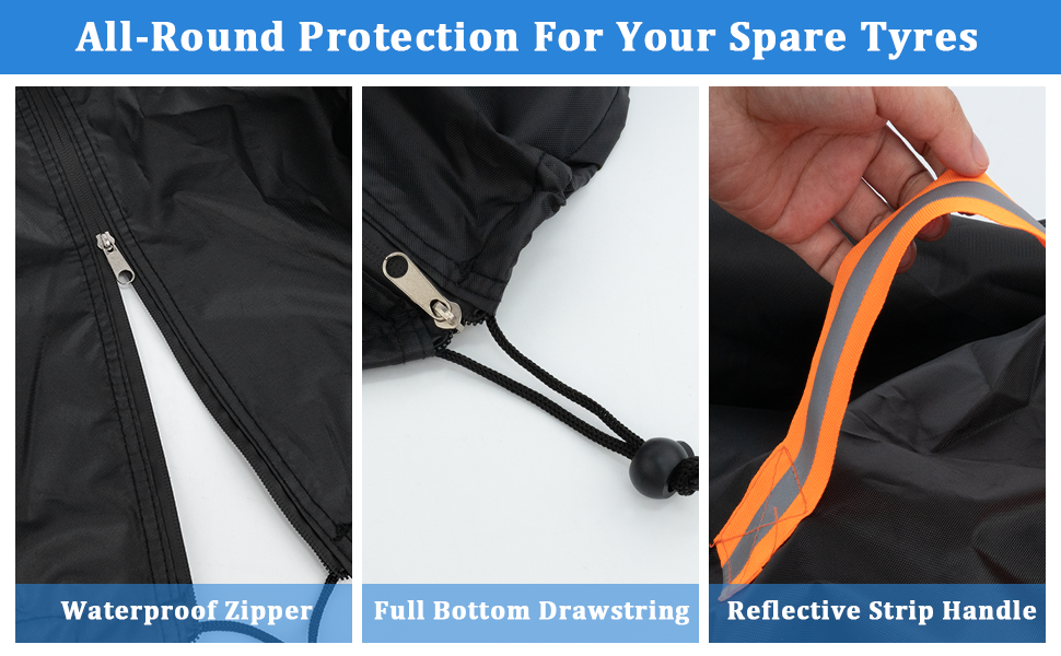 Text reads 'All-Round Protection For Your Spare Tyres' with sub-labels 'Waterproof cover', 'Full follow-up covering', 'Reflective Strip Handle'. Three-panel image showing tire cover features.