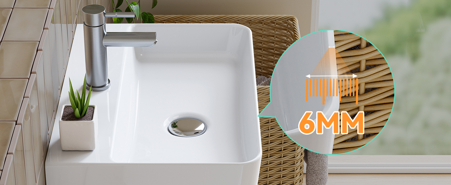 Lavandino da bagno rettangolare bianco moderno con rubinetto cromato, mostrato con un indicatore di misurazione sovrapposto da 6 mm.
