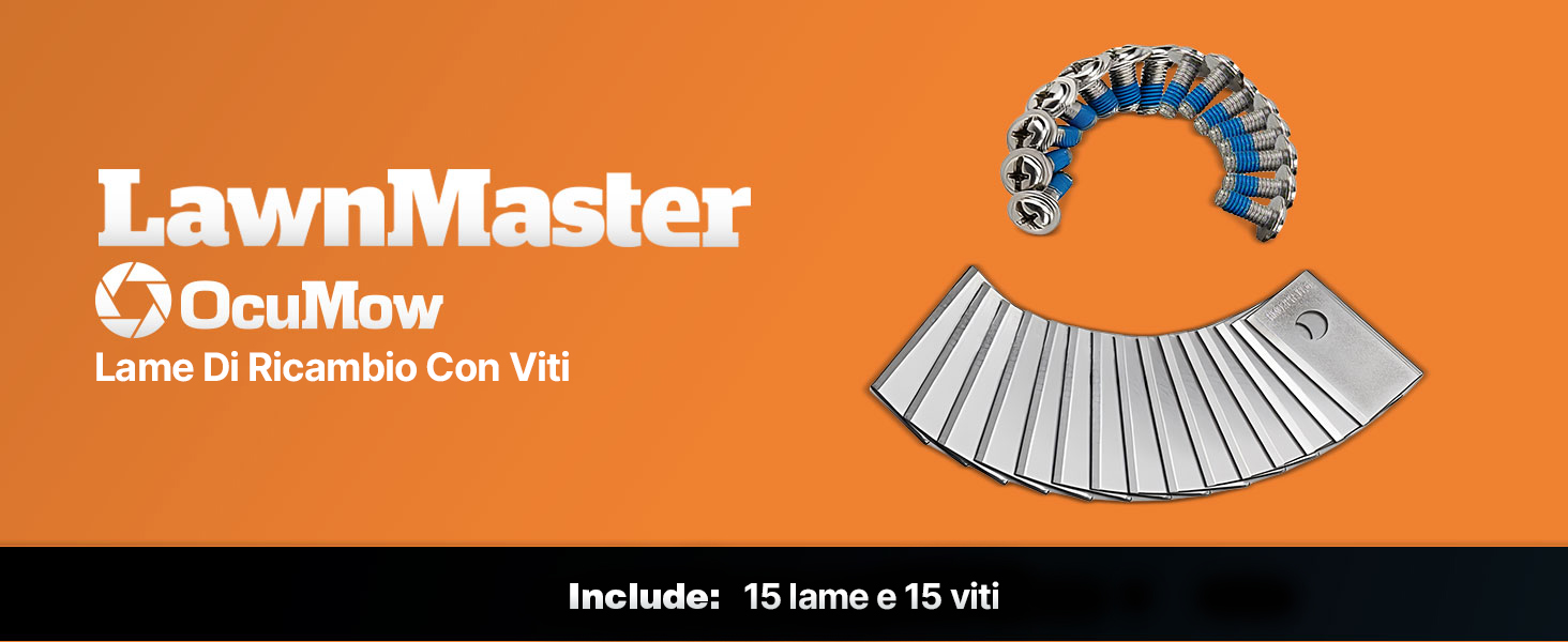 Il testo dice «LawnMaster». Sfondo arancione del banner con elementi grafici che mostrano quelli che sembrano essere componenti meccanici o di attrezzature per la cura del prato.