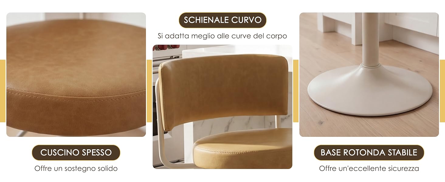 Il testo recita «CUSCINO SPESSO», «SCHIENALE CURVO», «BASE ROTONDA STABILE». Vedute multiple della sedia imbottita marrone che mostra un cuscino spesso, un design curvo dello schienale e componenti di base rotondi.
