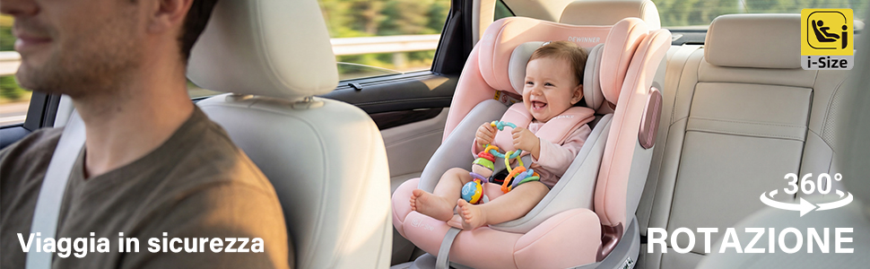 Il testo recita «Viaggia in sicurezza» e «ROTAZIONE». Dimostrazione sulla sicurezza del seggiolino auto che mostra la funzione di rotazione e il corretto posizionamento del sistema di ritenuta per bambini.