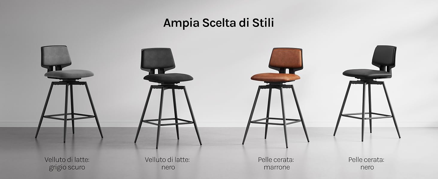 Il testo recita «Ampia Scelta di Stili». Linea di sedie da pranzo moderne con diverse varianti di colore tra cui marrone, nero e grigio, con gambe in metallo.