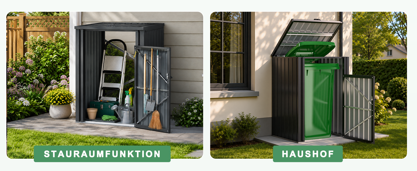 Der Text lautet „STAURAUMFUNKTION“ und „HAUSHOF“. Zwei Landschaftsfotos zeigen dunkelgrüne Lagerschrankkonstruktionen, die im Freien in Wohnumgebungen installiert wurden und die darin gelagerten Gegenstände sichtbar sind.