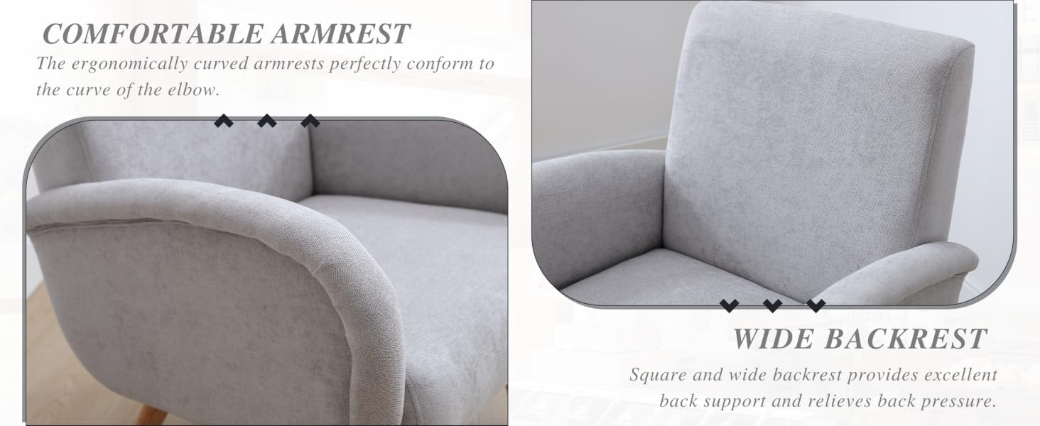 Light gray upholstered armchair with curved armrests and wide backrest.