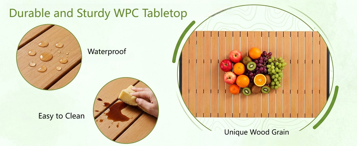 Text reads "Durable and Sturdy WPC Tabletop" with three circular icons labeled "Waterproof," "Easy to Clean," and "Unique Wood Grain." Wooden cutting board with vegetables. Displays product features and material benefits.
