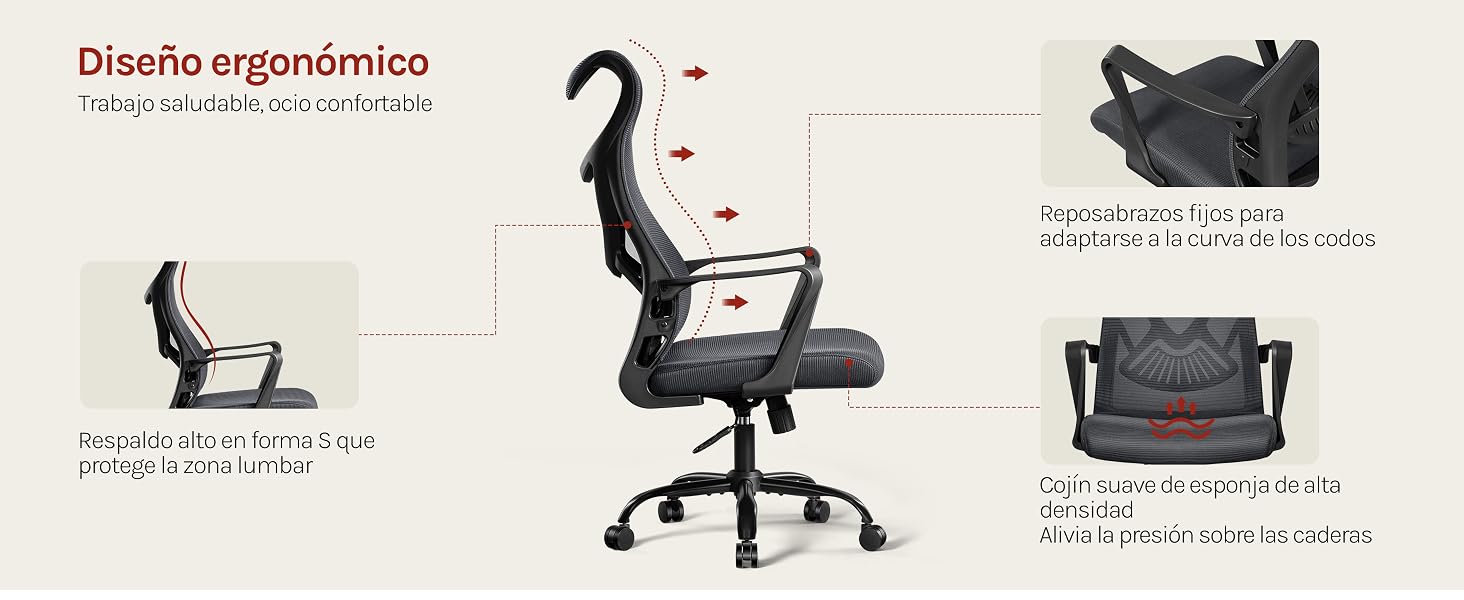 El texto dice «Diseño ergonómico». Varias imágenes de productos muestran los diferentes ángulos de una silla de oficina y muestran sus características ergonómicas y sus opciones de ajuste.