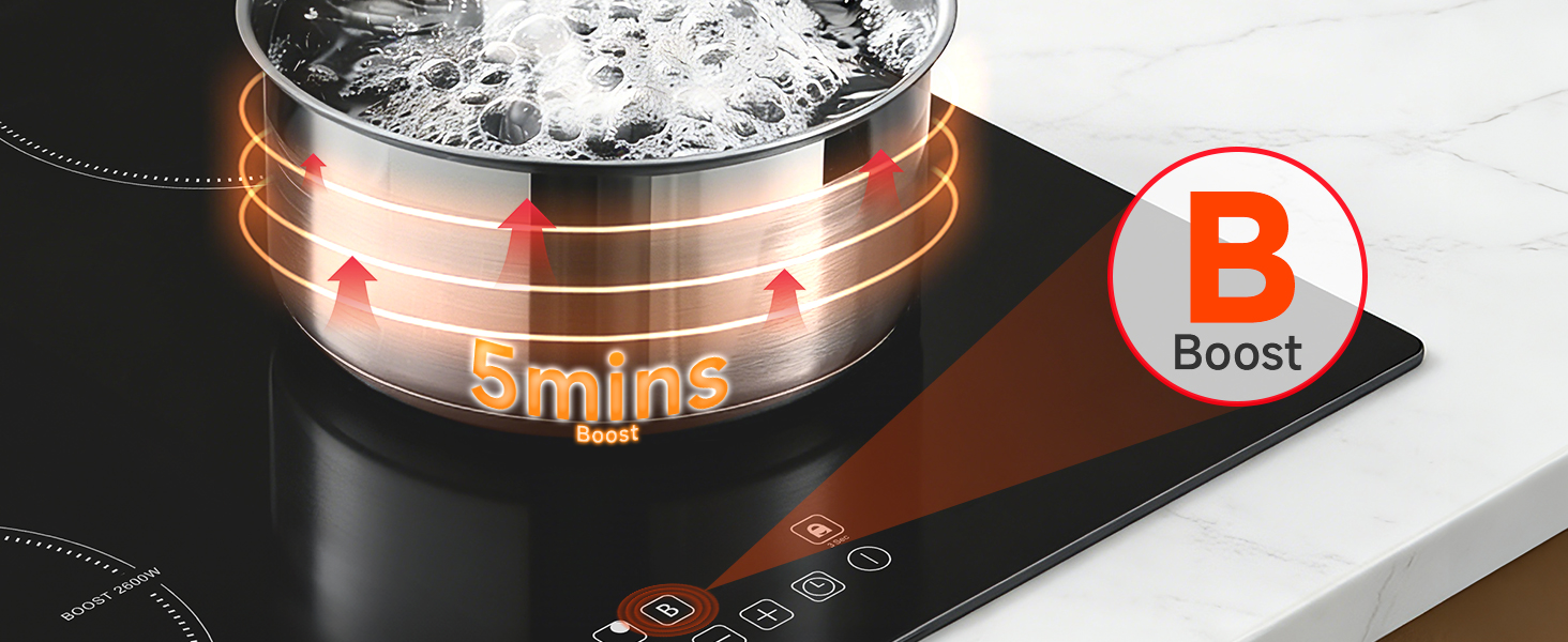 Le texte indique « 9 minutes » et « Boost » avec un logo orange. Marmite en or rose/cuivre sur la cuisinière avec indicateur de fonction « B Boost ».