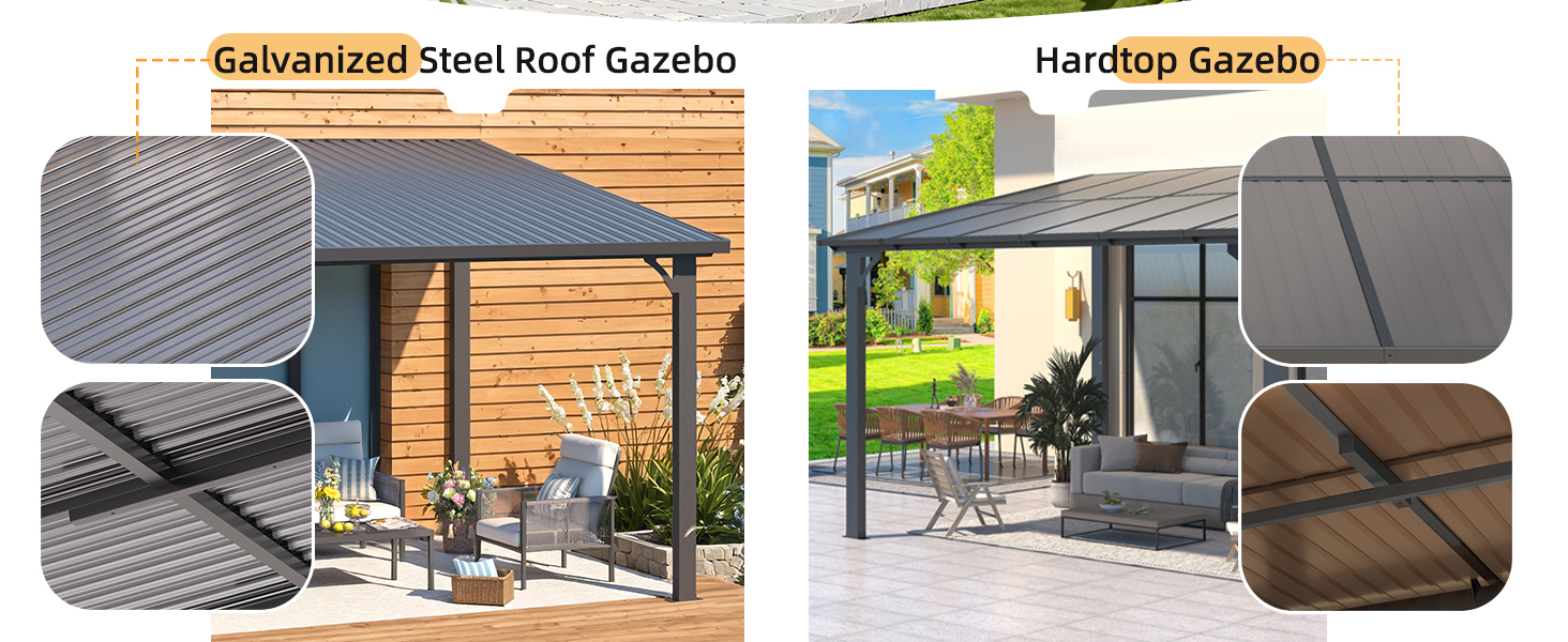 Text reads 'Galvanized Steel Roof Gazebo' and 'Hardtop Gazebo'. Split image showing outdoor gazebo installations with detailed corner material samples showing metal roof and frame construction.