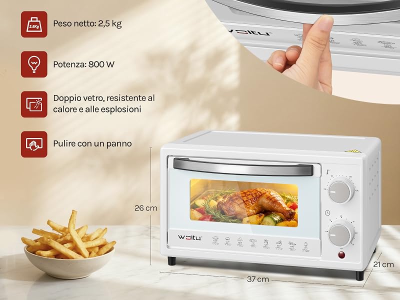 Il testo è «Capacità 10 L'», «Dimensione compatto, salvaspazio», «Peso netto 2,5 kg», «Potenza 800 W», «Doppio vetro, resistente al calore». Forno tostapane compatto con manopole di controllo raffigurate insieme agli alimenti.
