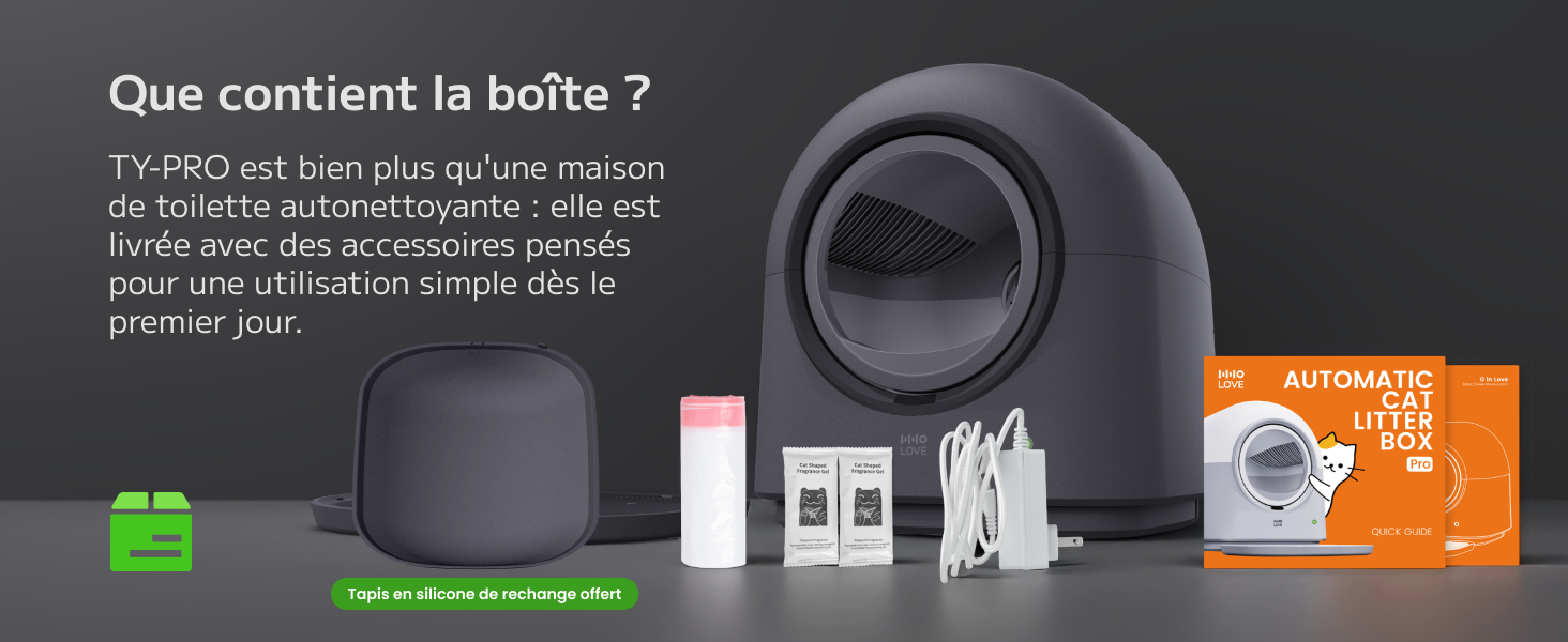 Le texte se lit comme suit : « Que contient la boîte ? » , texte descriptif en français sur le contenu, « AUTOMATIQUE ». Appareil circulaire foncé illustré avec les composants accessoires et les cartes d'instructions affichées ci-dessous.