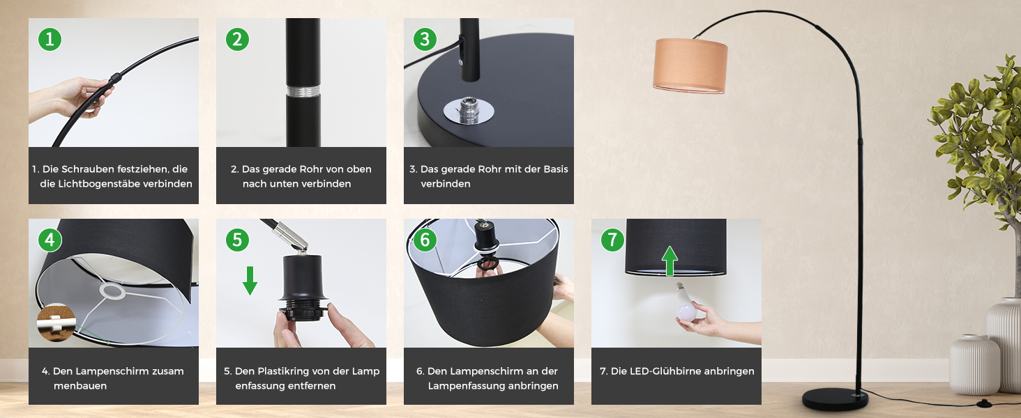Anleitungsdiagramm mit den Montageschritten für eine Stehlampe mit gewölbtem Design, Stoffschirm und rundem schwarzen Sockel. Die Bilder zeigen die Mastverbindung, die Sockelbefestigung und die Installation des Schirms