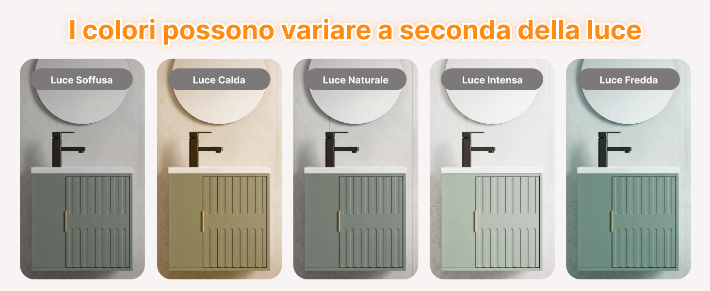Il testo recita «I colori possono variare a seconda della luce». Sono visualizzate cinque varianti di colore del prodotto: 'Luce Naturale', 'Luce Calda', 'Luce Neutra', 'Luce Fredda', 'Luce Fredda', 'Luce Fredda', con diverse opzioni di finitura.