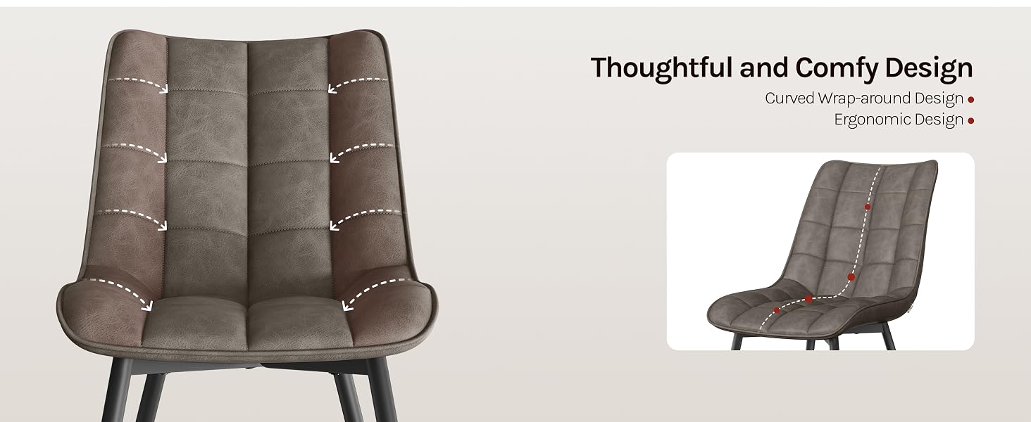 Text reads 'Thoughtful and Comfy Design'. Repeated image of brown tufted chair or sofa section from multiple angles showing white stitching details.
