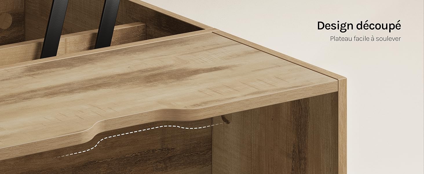 Le texte se lit comme suit : « Design découverte ». Table en bois naturel avec détails décoratifs en panneau incurvé sculpté sur fond clair.