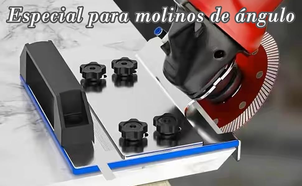 Text reads 'Especial para molinos de angulo'. Close-up sequence showing grinding or cutting tool attachment process on blue and black power tool.