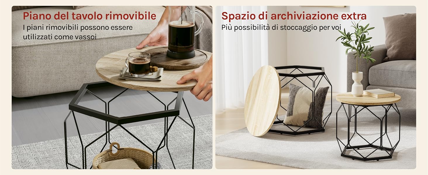 un tavolo con un tavolino da caffè e un tavolino da caffè con sopra un vassoio rotondo.