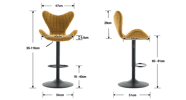 Disegno tecnico che mostra le misure e le dimensioni di sgabelli o sedie da bar con viste laterali dettagliate e specifiche contrassegnate in millimetri.