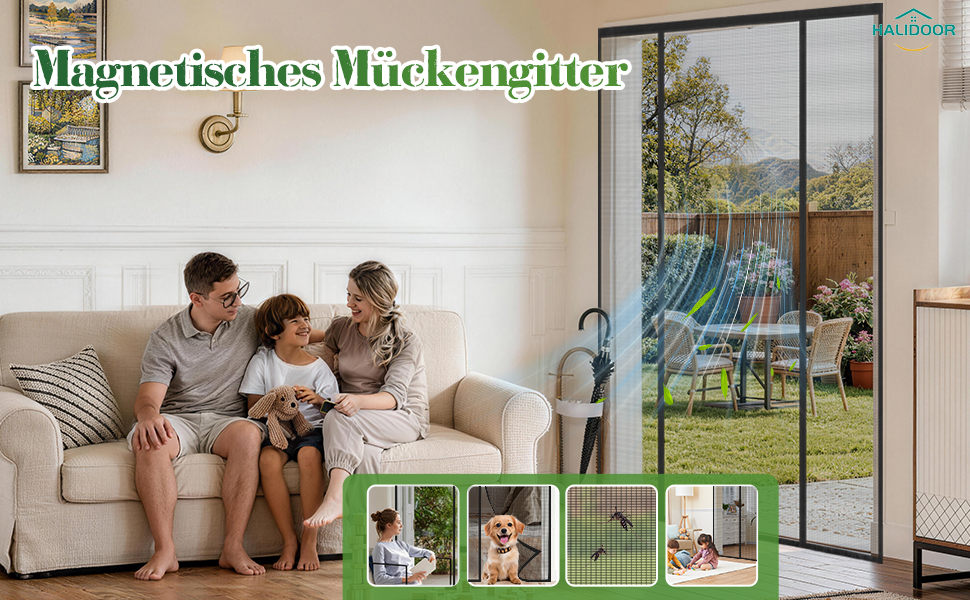 Le texte indique « Magnetisches Marketingzin ». Scène intérieure avec famille sur canapé, système d'organisation magnétique vert visible sur la partie inférieure du mur près de la fenêtre avec vue sur le jardin.