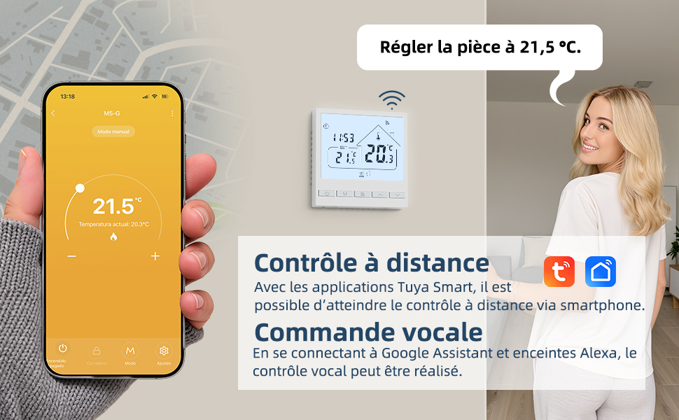 Le texte indique « Régler la pièce à 21,5 °C » et « Contrôle à distance ». Plusieurs panneaux montrant l'interface de contrôle de la température de la maison intelligente et les écrans des applications sur fond jaune.