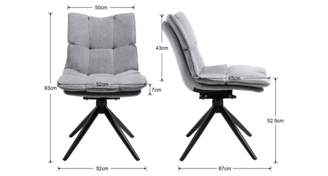 Technical diagram showing dimensions of modern dining chair with tufted cushioning in grey. Two views display front and side perspectives with measurements for height, width and depth.