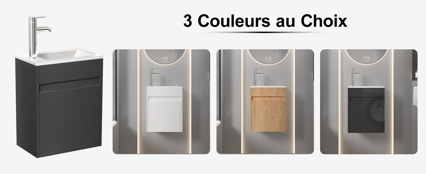 Le texte indique « 3 Couleurs au Choix ». Plusieurs vues de produits montrant des armoires de rangement de salle de bain dans différentes finitions, y compris des options noires et métalliques.