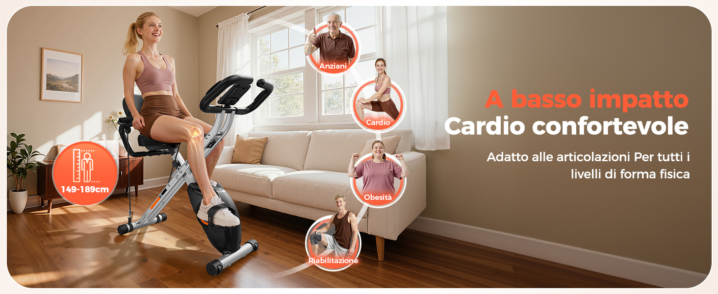 Il testo recita «Cardio confortevole». Banner di marketing che mostra immagini di stile di vita dai toni caldi di esercizio o attività di fitness su un divano.