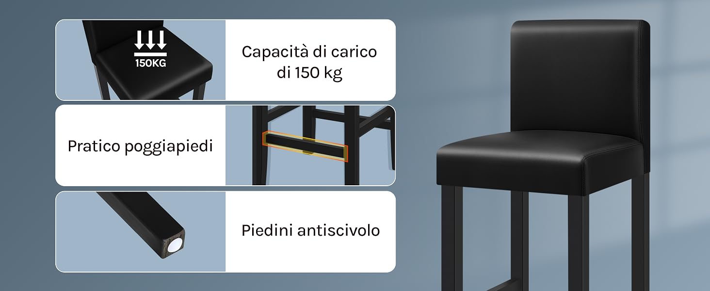 Diagramma del prodotto che mostra le caratteristiche della sedia con didascalie di testo e specifiche in formato bianco e nero.