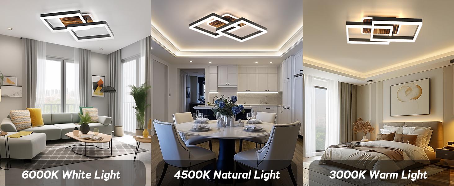 Drei identische moderne Wohnzimmer mit einem Vergleich der Lichttemperaturen: 6000 K Weiß, 4500 K natürliches Licht und 3000 K warmes