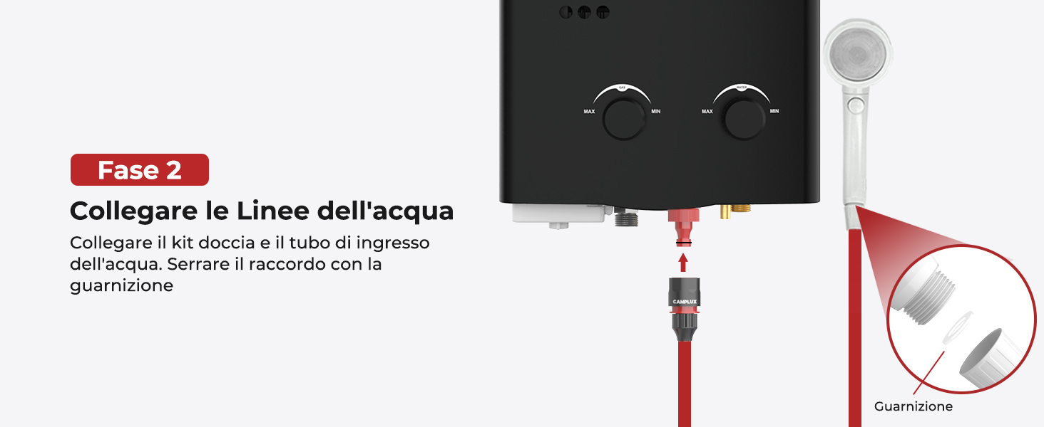 Dispositivo elettronico nero con due quadranti circolari e un indicatore luminoso di alimentazione. Attacco per tubo rosso visibile. Istruzioni di montaggio in italiano.