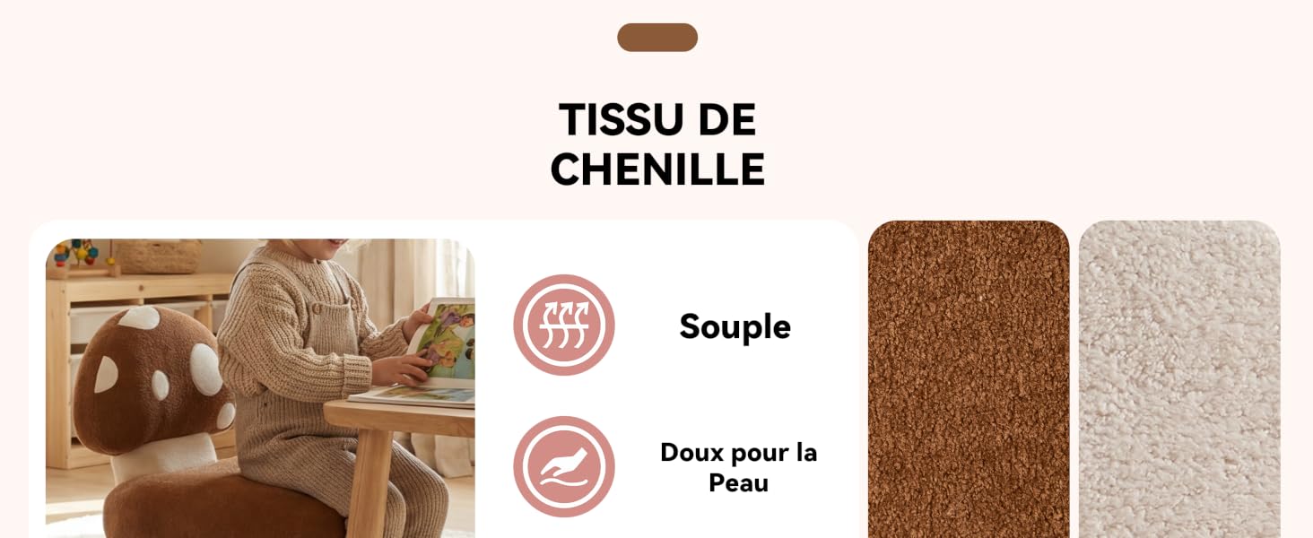 Le texte se lit comme suit : « CHENILLE ». Collection d'échantillons de textiles ou de tissus présentant différentes textures et motifs dans des tons bruns et beiges.