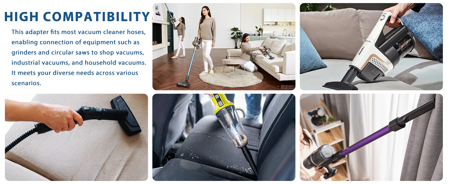 Text reads 'HIGH COMPATIBILITY'. Multiple images showing vacuum cleaner attachment being used on various surfaces and furniture, demonstrating versatility.