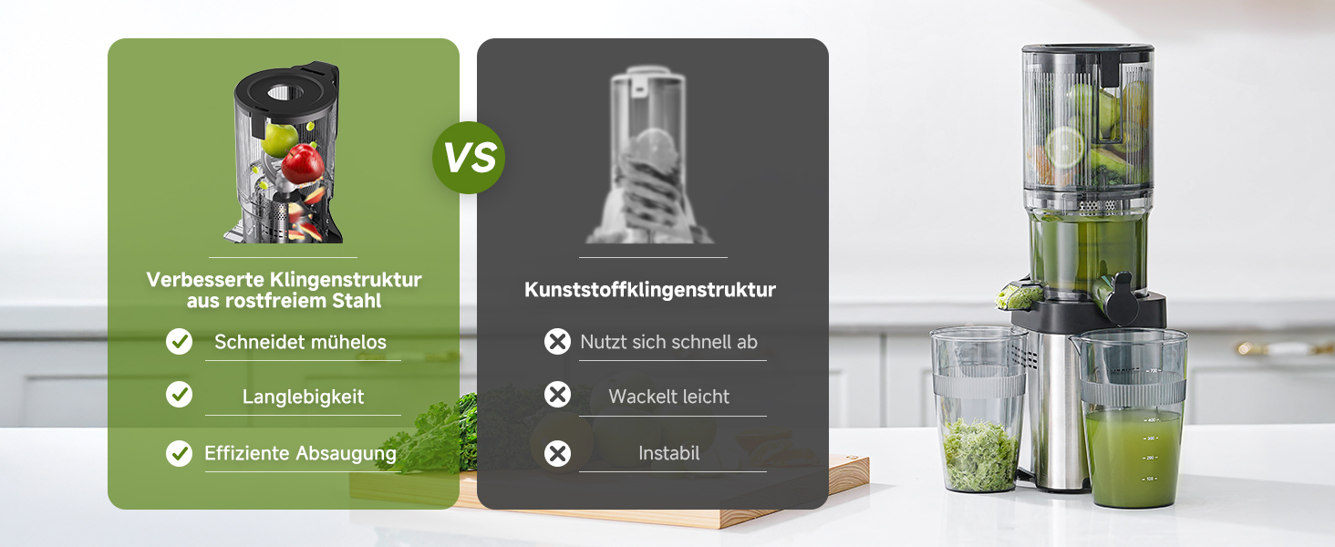 Produktvergleichsgrafik mit grünen und grauen Infokarten neben einem hohen durchsichtigen Mixbehälter mit sichtbarem grünem Inhalt.