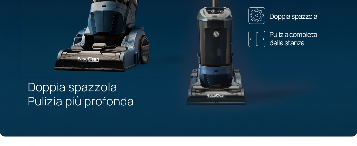 Il testo recita «Doppia spazzola» e «Pulizia più profonda». Mostra un aspirapolvere verticale con tecnologia a doppia spazzola.