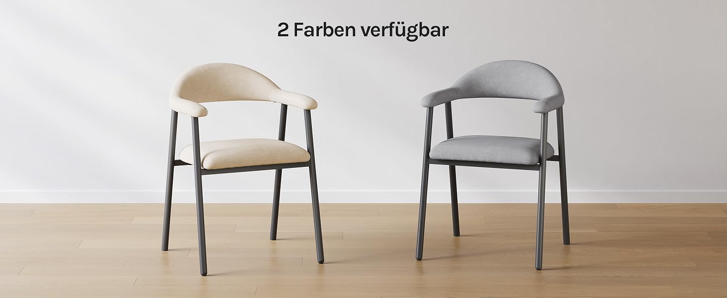 Der Text lautet „2 Farben verfügbar“. Zwei moderne Esszimmerstühle mit nebeneinander abgebildeten Metallrahmen in cremefarbenen und grauen gepolsterten Sitzen, erhältlich in zwei Farboptionen.
