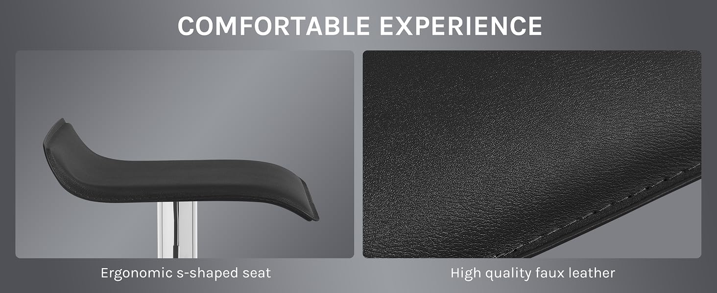 Product demonstration showing an ergonomic curved seat with textured black faux leather material, highlighting comfort features.
