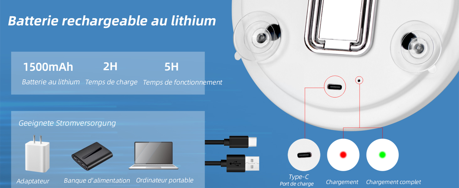 Diagrama técnico que muestra las especificaciones de la batería de litio con una capacidad de 1500 mAh, un tiempo de carga de 2 horas y un tiempo de uso de 5 horas, incluyendo los iconos de conexión.