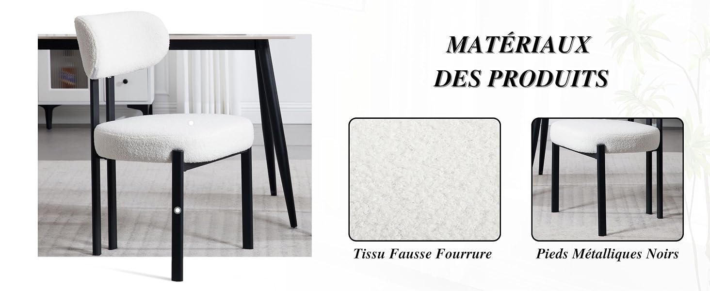 Le texte se lit comme suit : « MATERIAUX DES PRODUITS ». Collection de matériaux de conception de produits et de finitions présentés sous forme de petits carrés d'échantillonnage disposés en quadrillage.