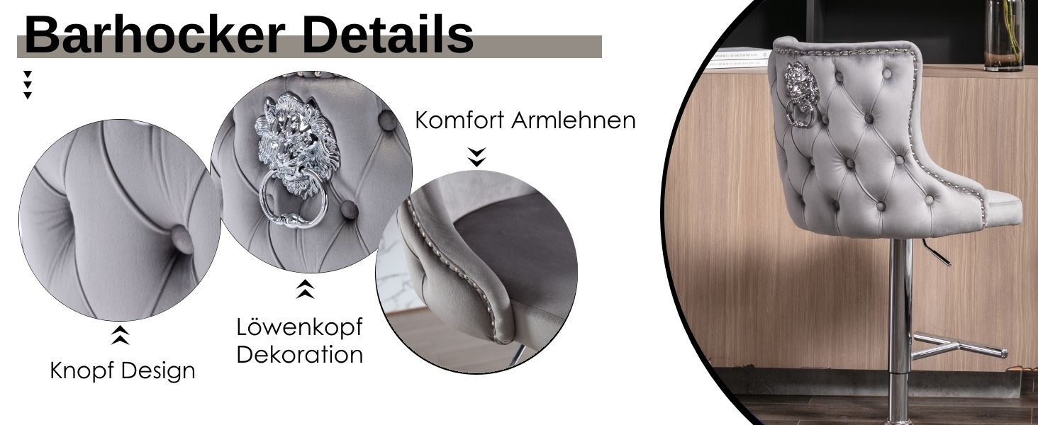 Designdetails für Barhocker mit getufteten Polstern, Komfortpolsterung und dekorativen Elementen, mit Diagramm und fertiger Produktansicht
