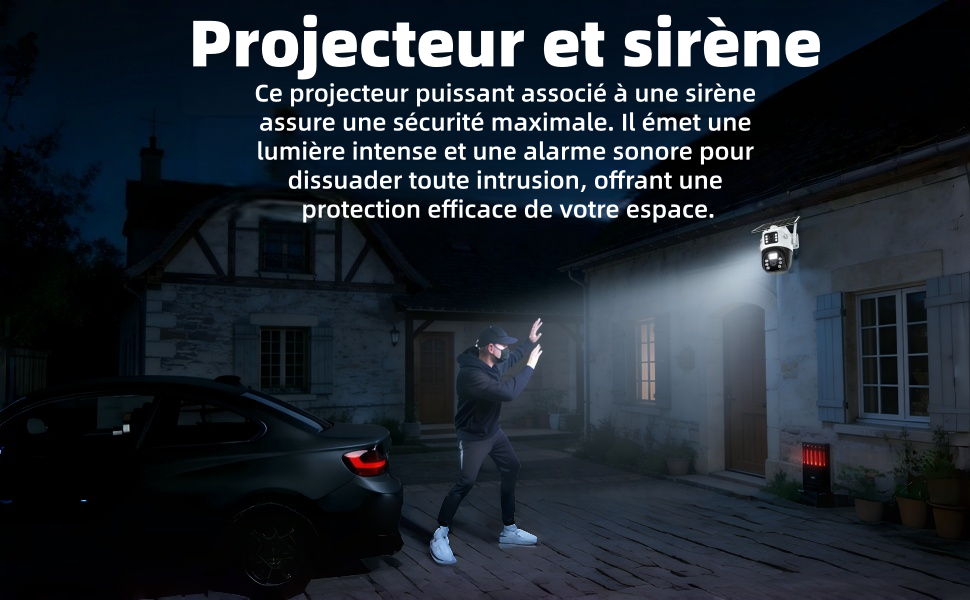 Le texte se lit comme suit : « Projecteur et sirène ». Scène nocturne montrant un système d'éclairage de sécurité activé à l'extérieur du bâtiment avec une zone éclairée.