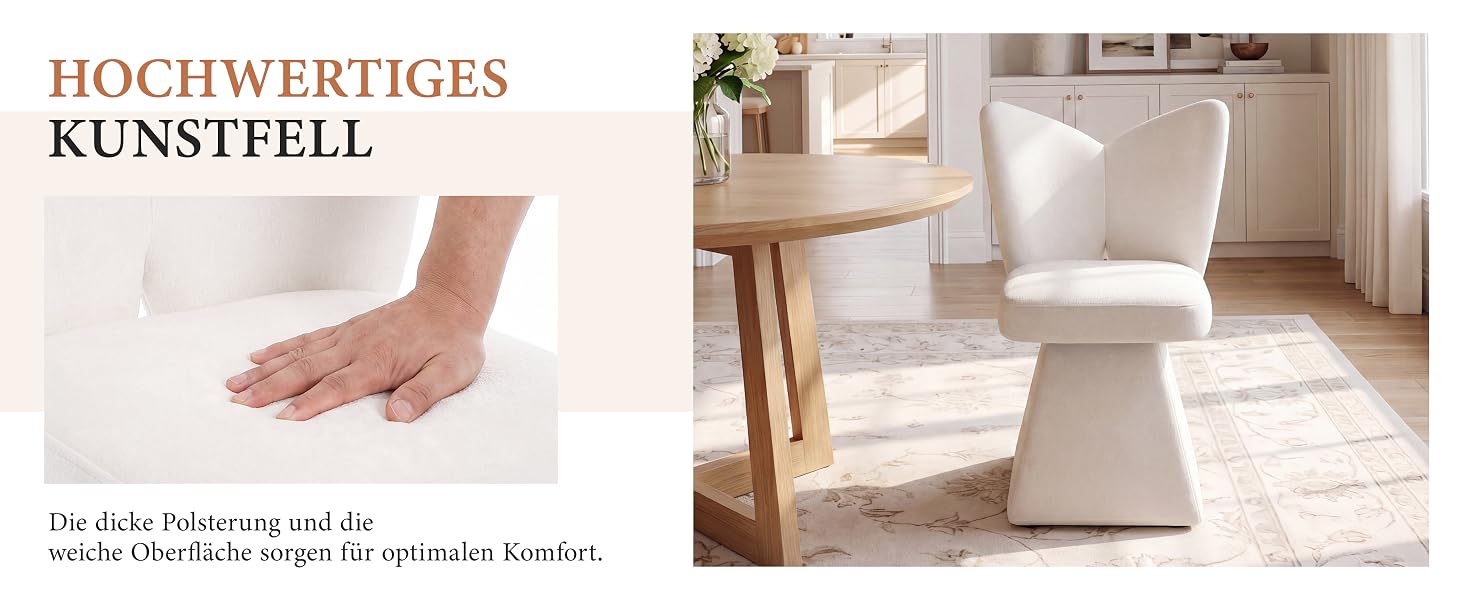 Der Text lautet „HOCHWERTIGES KUNSTFELL“ und „Die feine Verarbeitung und die weiche Oberfläche machen für einfache Handwäsche“. Auf der linken Seite ist eine weiße Kunstfellstruktur zu sehen, die mit der Hand berührt wird. Auf der rechten Seite befindet sich ein weißer skulpturaler Stuhl in einer modernen Wohnzimmerumgebung.