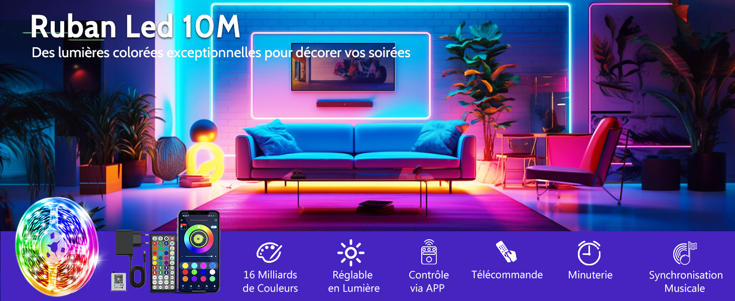 Le texte indique « Ruban Led 10M » et « Des lumières colorées pour chaque occasion que vous souhaitez ». Bande d'éclairage LED RGB aux couleurs néon illuminant un salon moderne avec canapé et mobilier. Icônes de contrôle affichées ci-dessous.