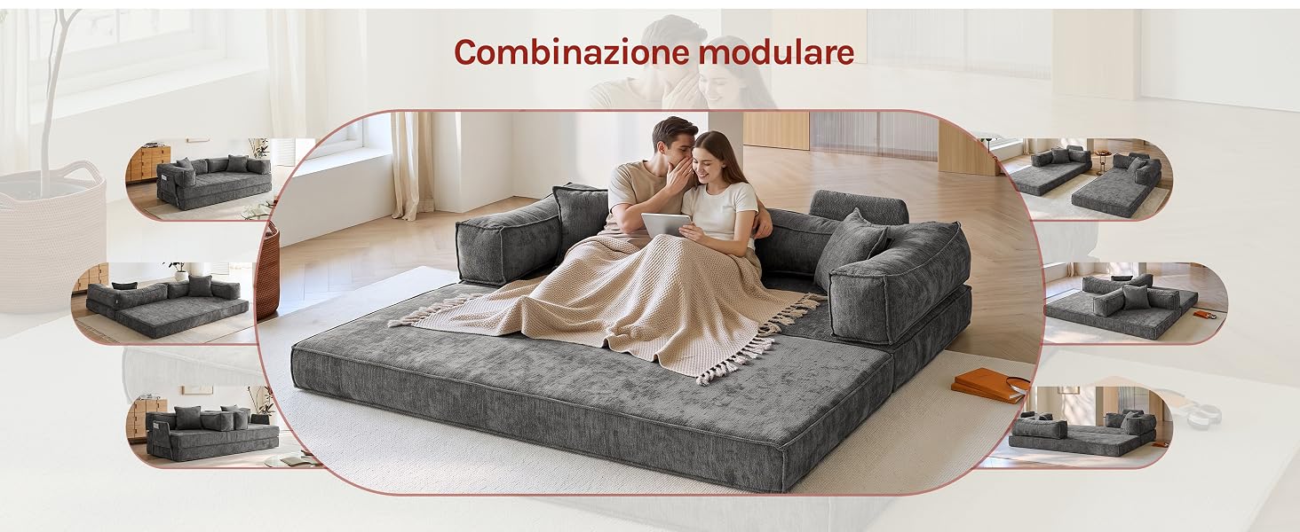 Il testo dice «Combinazone modulare». Immagine centrale di una donna su un letto a piattaforma modulare grigio circondata da otto varianti di prodotto che mostrano disposizioni e configurazioni di mobili personalizzabili.